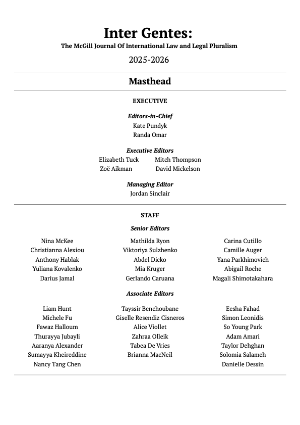 Masthead detailing the names and positions of all members of our editorial board and staff